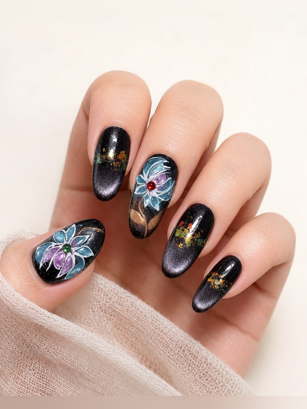 Hand-Painted Floral Black Gel Nail Set with Multicolor Accents - Size: S